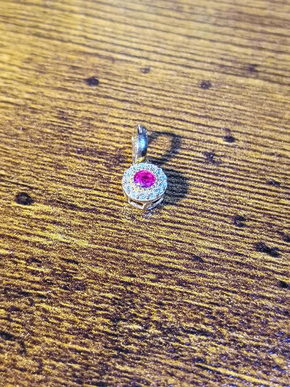 10K Yellow Gold Pink/Red Gemstone & White Sapphire Halo Pendant Charm C Pictures
