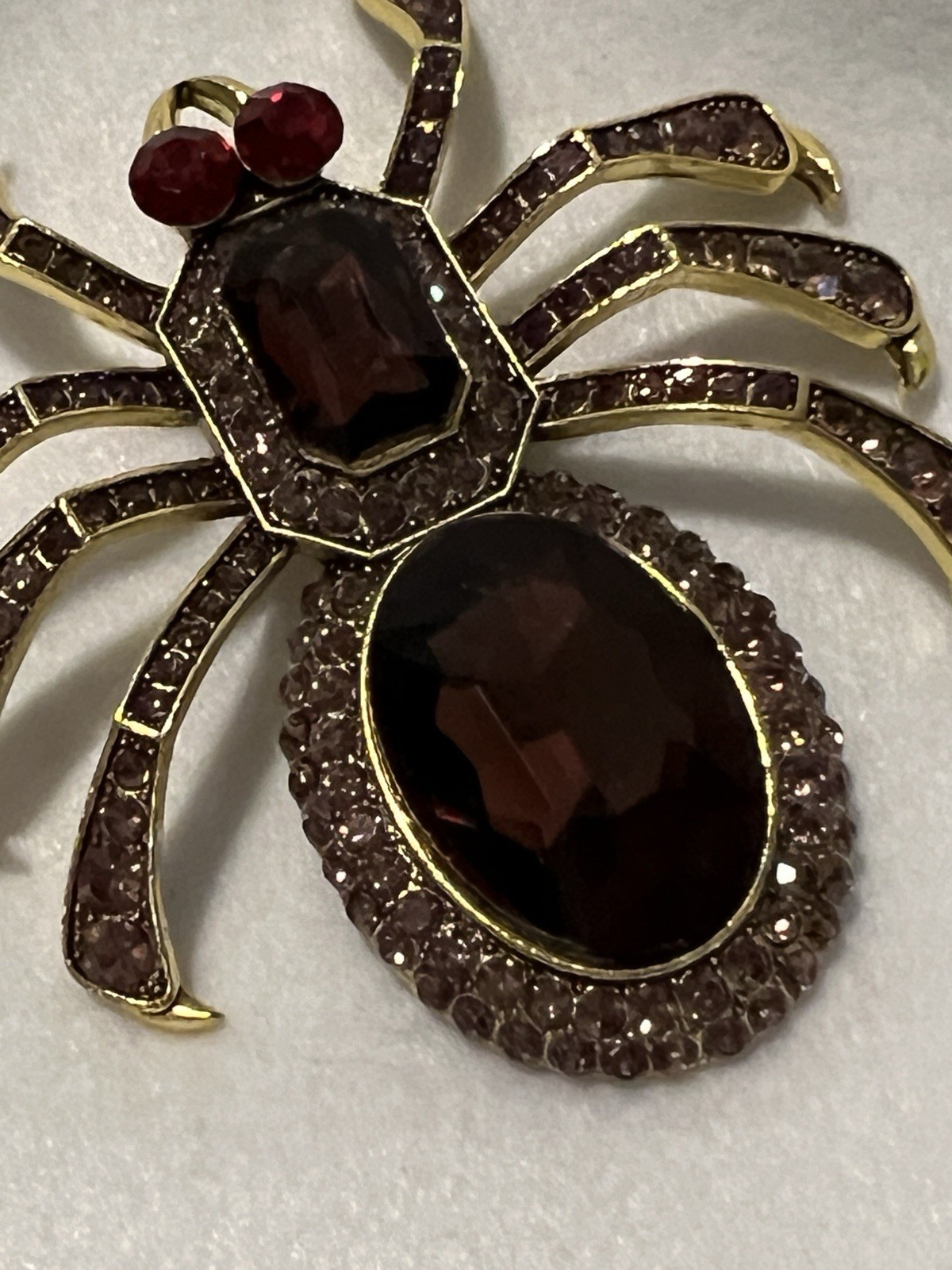 Spider Brooch Gold Tone Metal Red Burgundy