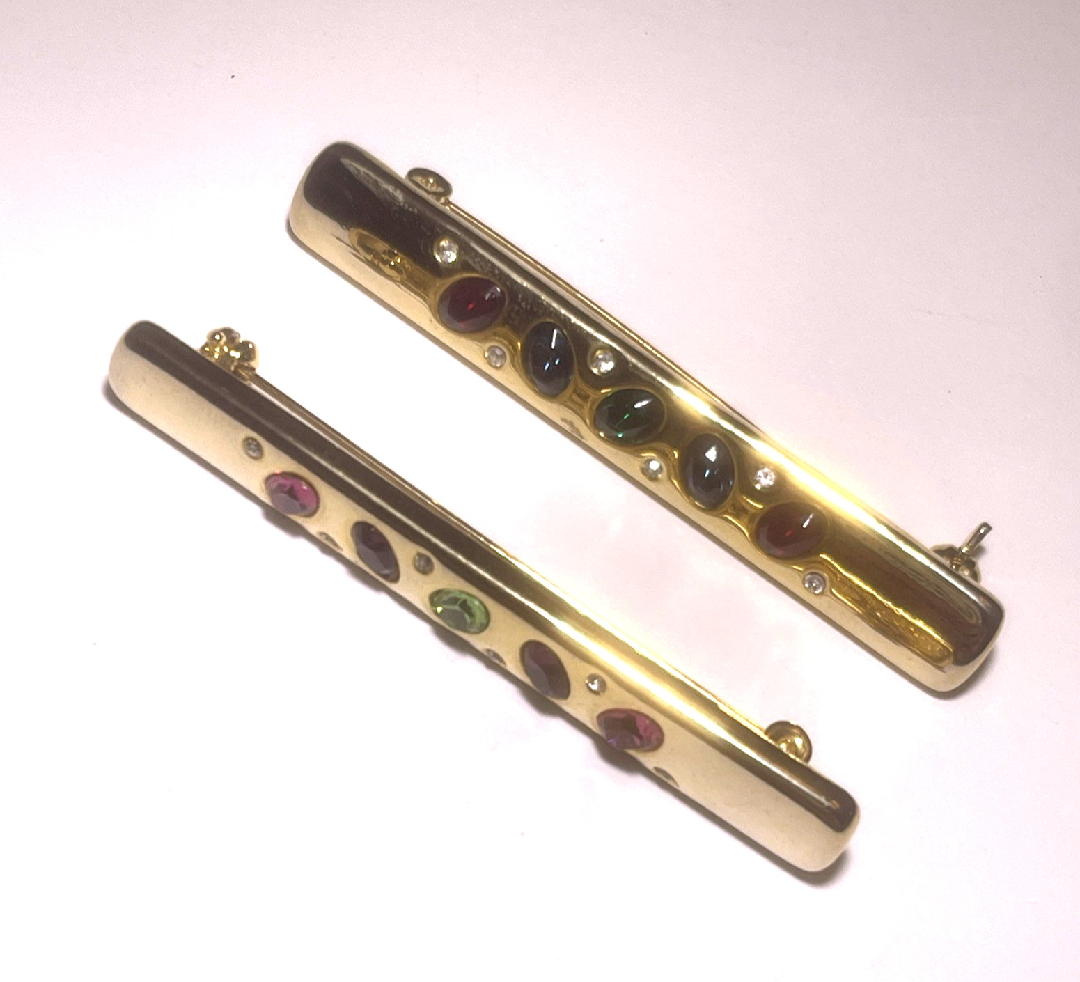 Pair Of Vintage Nat Landau Hyman NLH Gold Tone Multicolor Rhinestone Pins 2.75”