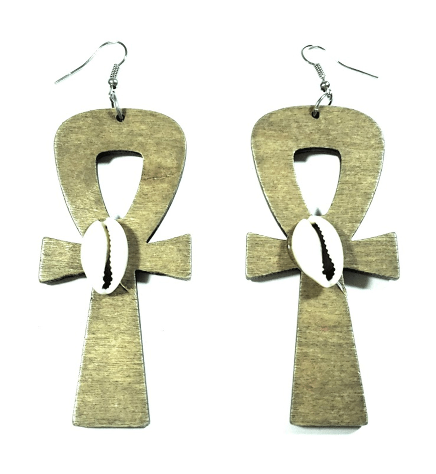 TB Anka Ankh Symbol of Life Cross Wood Sea Cowrie Shell Fashion Women Earrings