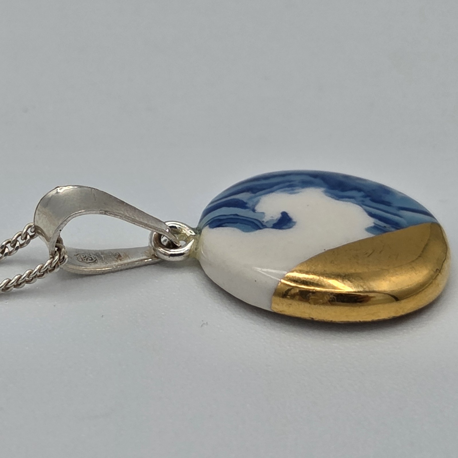 Artisan Porcelain Pendant Blue & White Gold Dip 925 Sterling Bail & 18″ Necklace