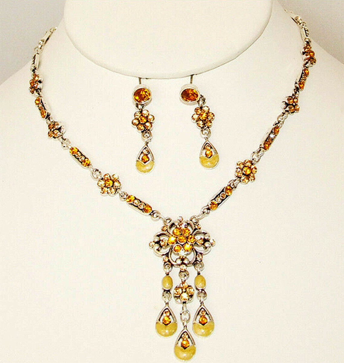 DESIGNER INSPIRED 18in BLUE or GOLD CRYSTAL SILVER NECKLACE EARRINGS JEWELRY SET