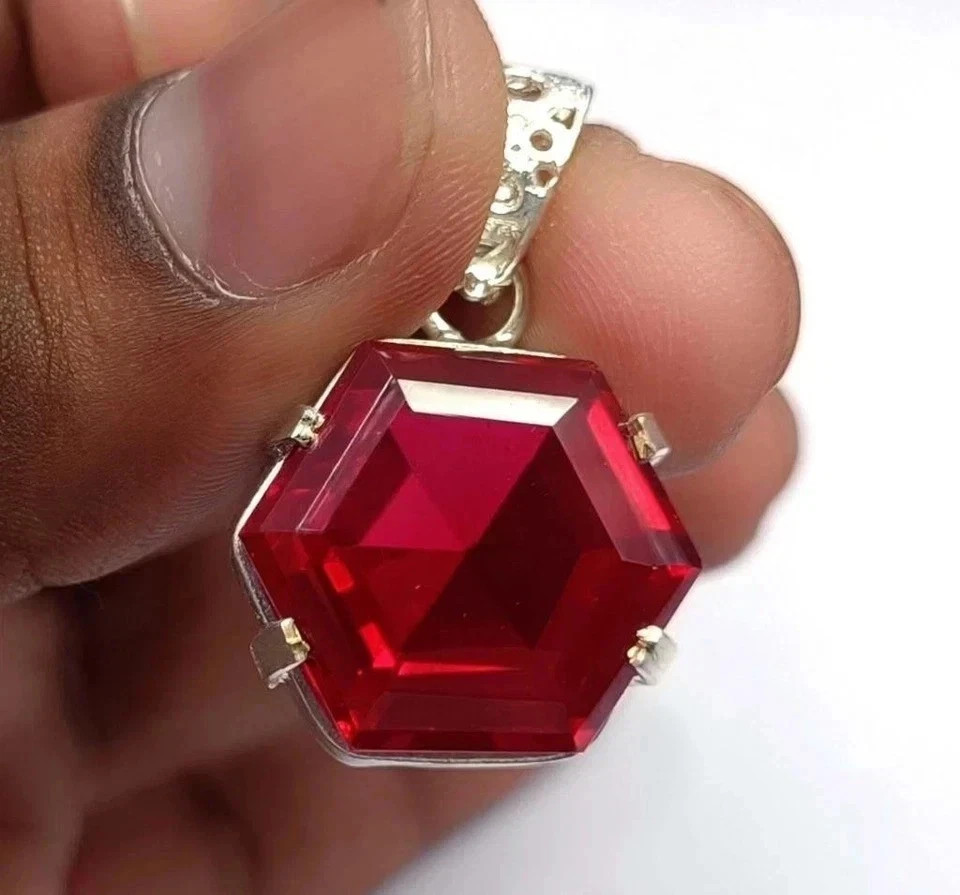 31 Ct Natural Red Ruby Hexagon Cut 925 Solid Silver Certified Gemstone Pendant