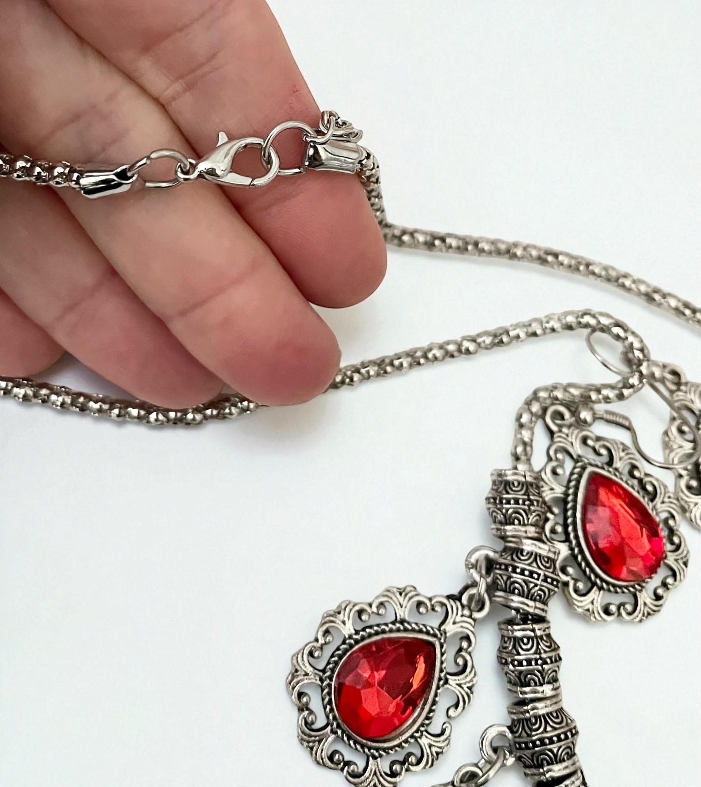 Vintage Inspired Charmed Necklace Earrings Set Siam Red Acrylic Rhinestones