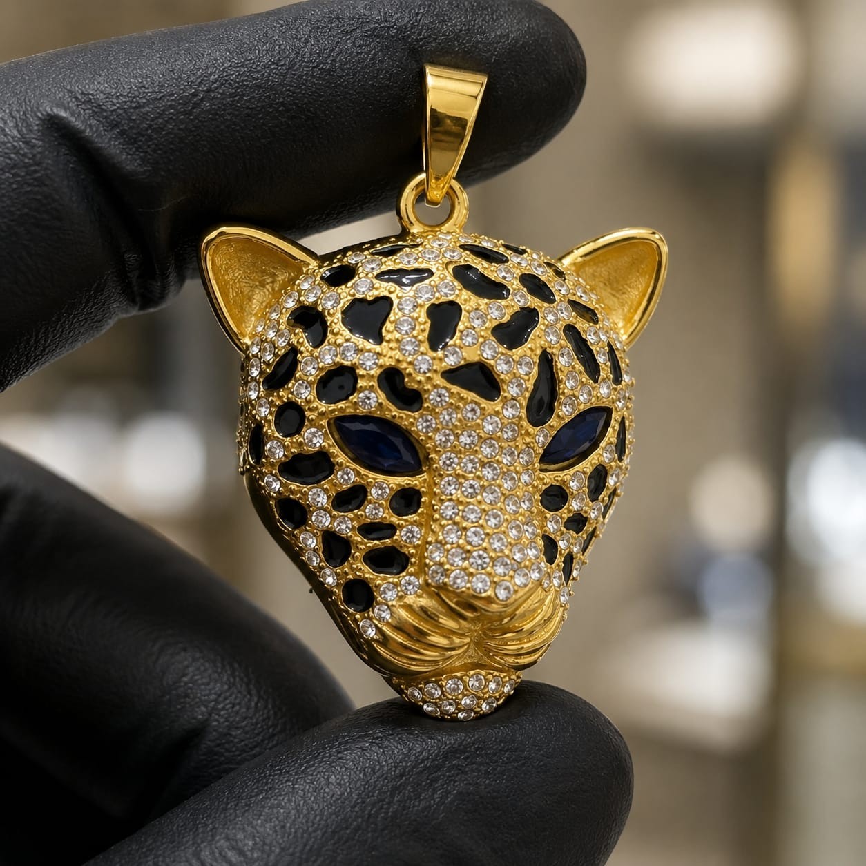 Iced Out Leopard Head Pendant Silver Stainless Steel Blue Red Green Eyes