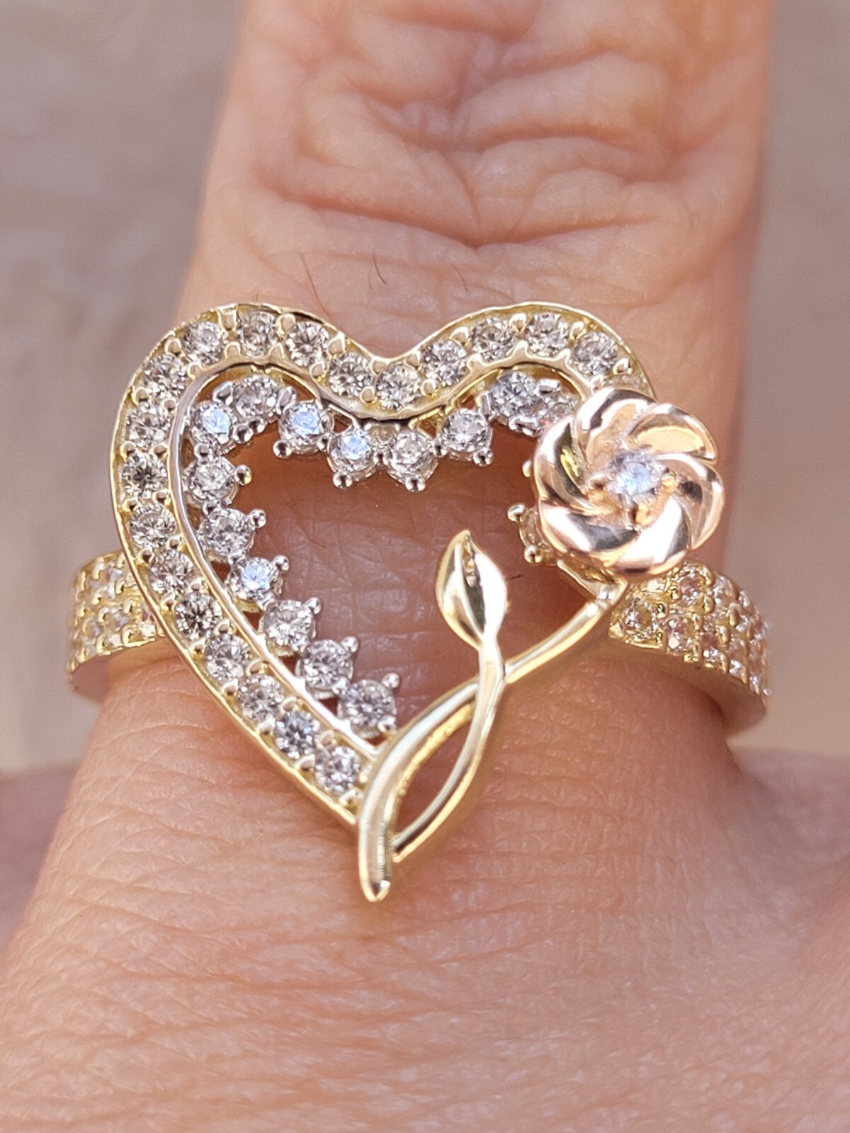 Big Solid 14k rose yellow Gold flower Heart ring size 6789 10