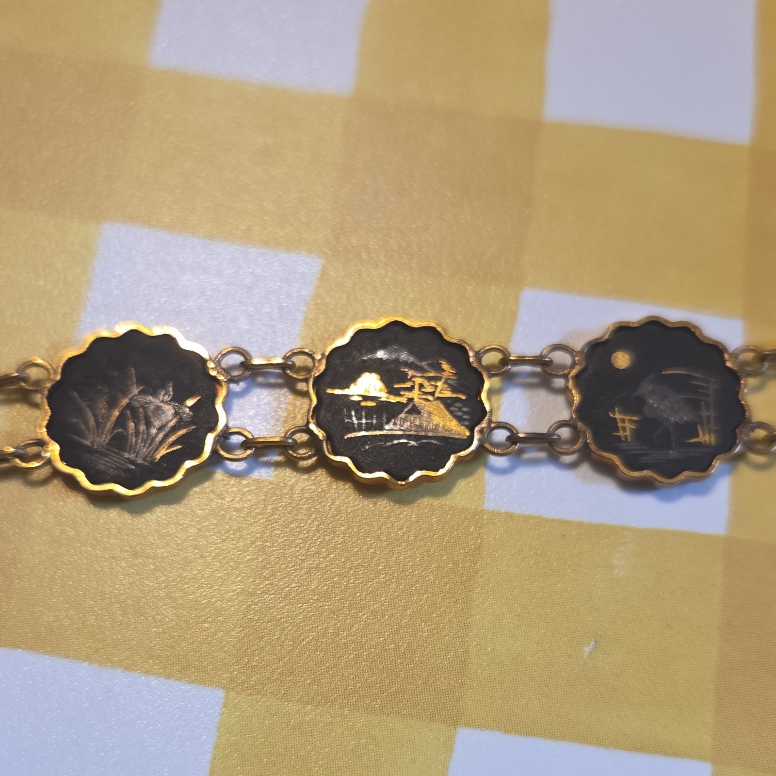 Japanese Scenic Damascene Bracelet Gold & Silver on Brass Medallions Links