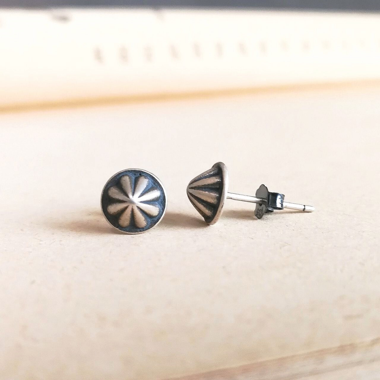 Oxidized 925 Sterling Silver Tiny Concho Small Stud Earrings Southwestern Unique