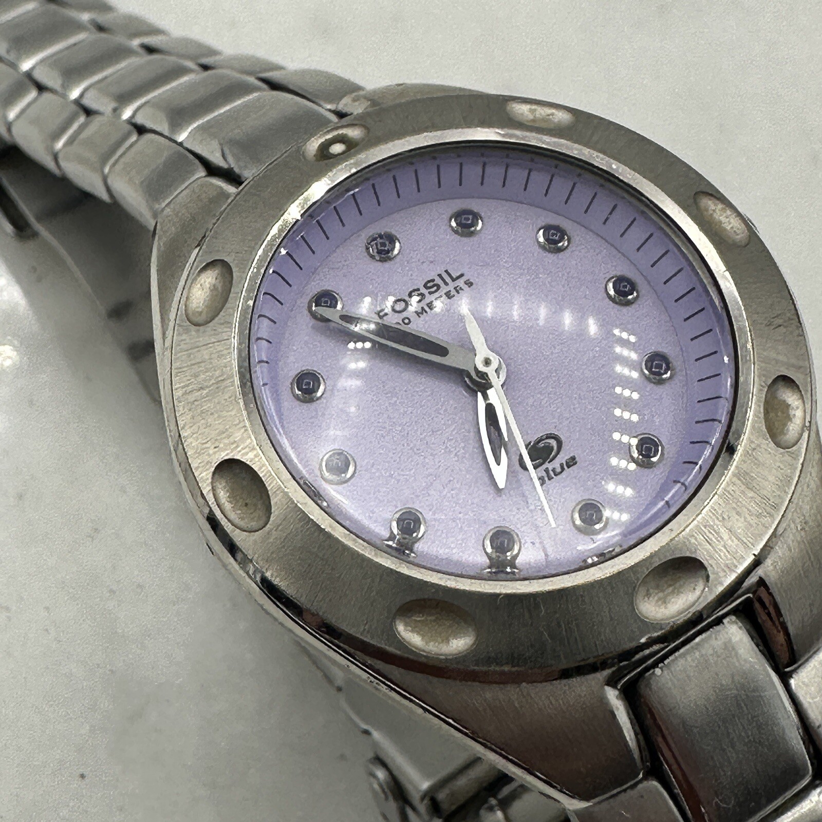Fossil AM3388 Watch, Purple Dial, Silver Tone, New Battery Sz. 6.25”