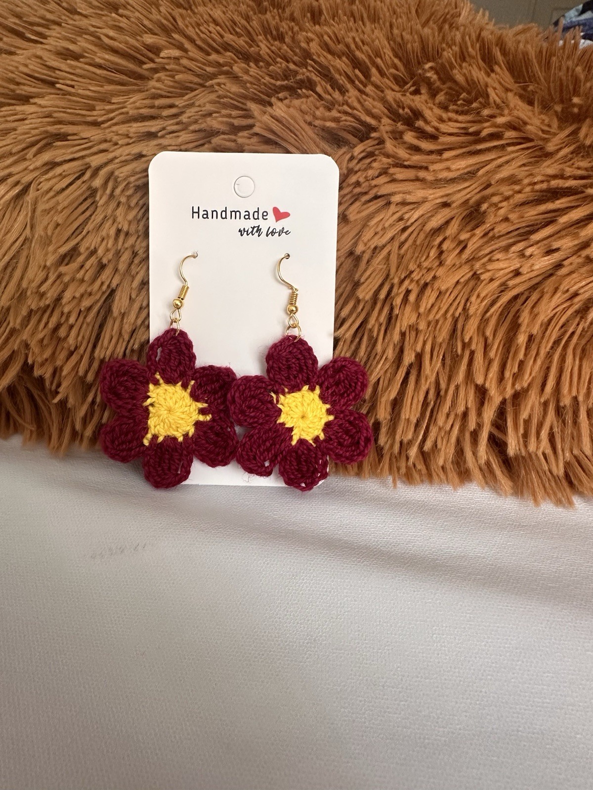 Handmade Crochet Flower Earrings – Maroon& Yellow Bloom