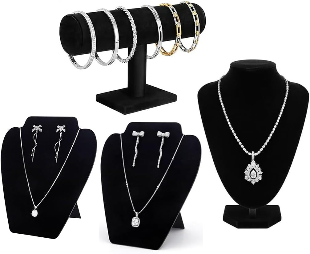 4 Piece Black Velvet Necklace Display Mannequin Bust with Bracelet Holder