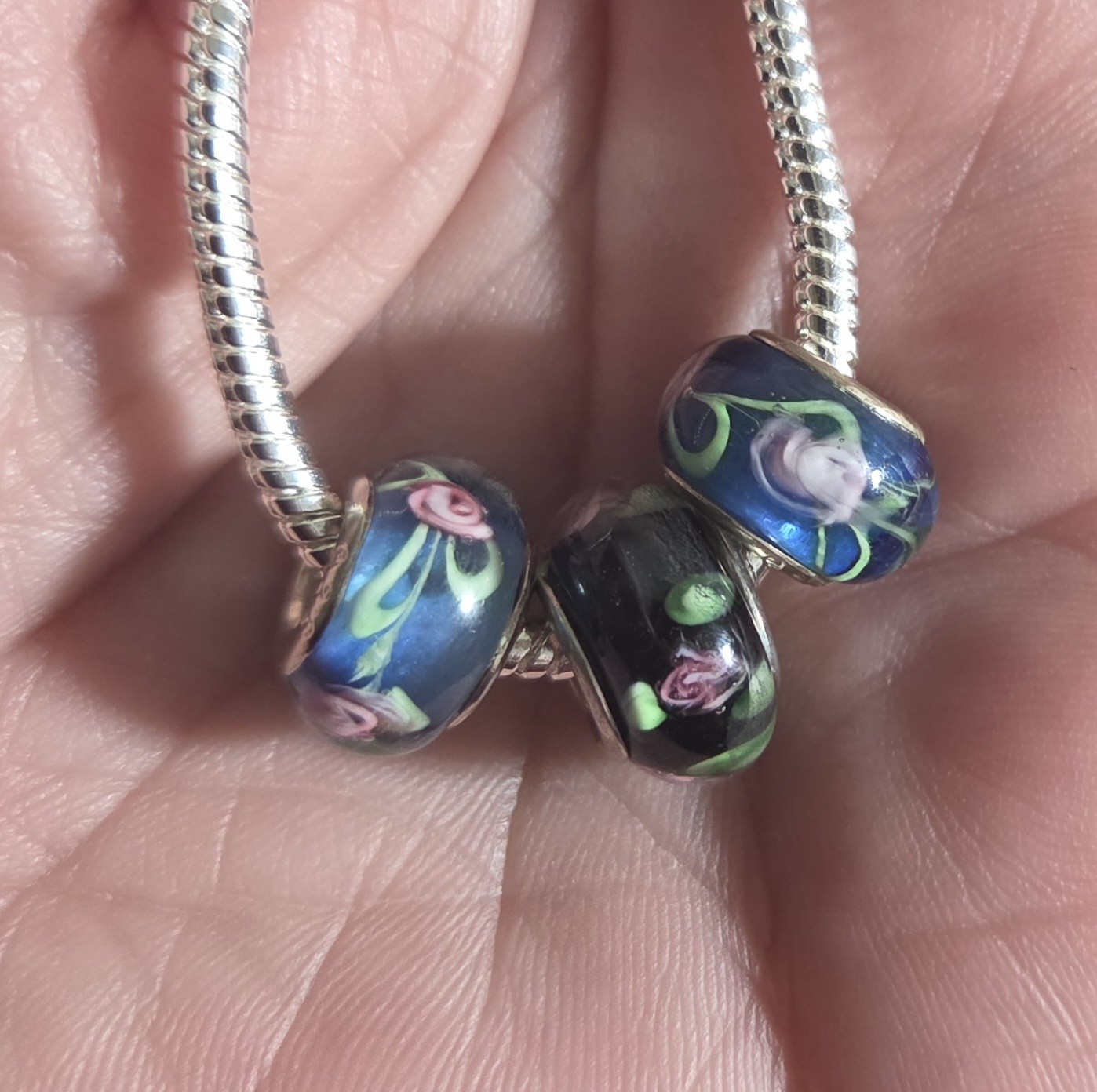 Three Glass European Beads Blue Black Pink Flowers 925 Silver Core Charms
