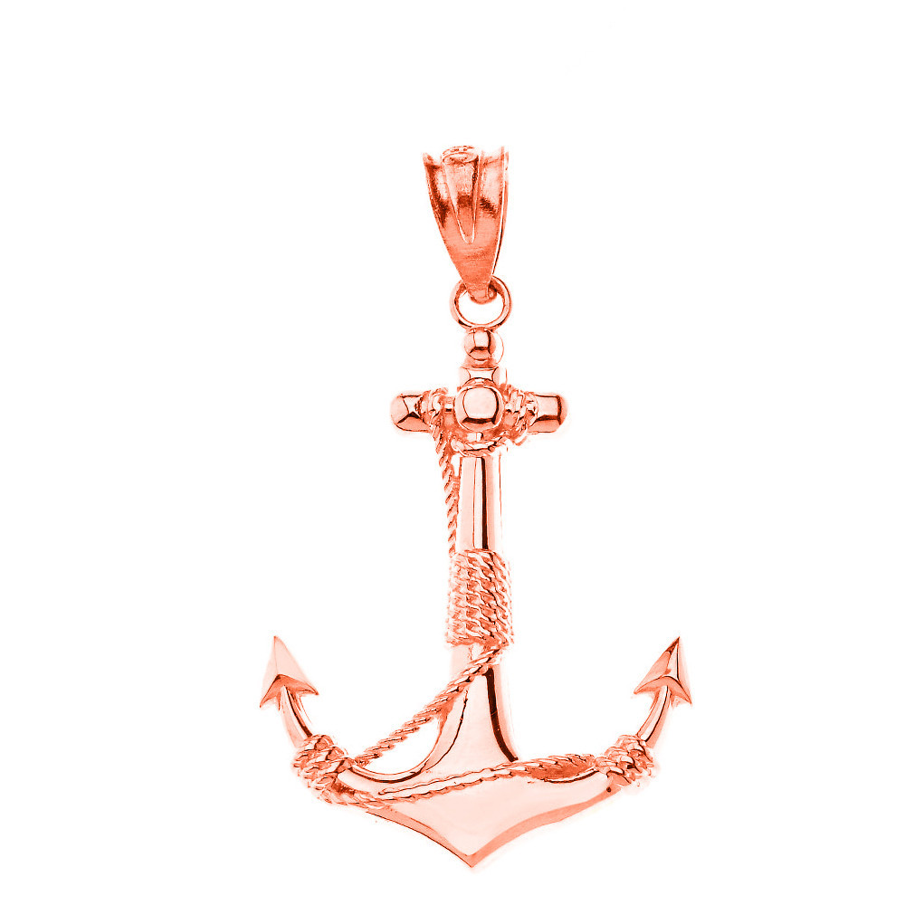 Solid Gold Nautical Anchor Rope Pendant Necklace (Yellow/Rose/White)