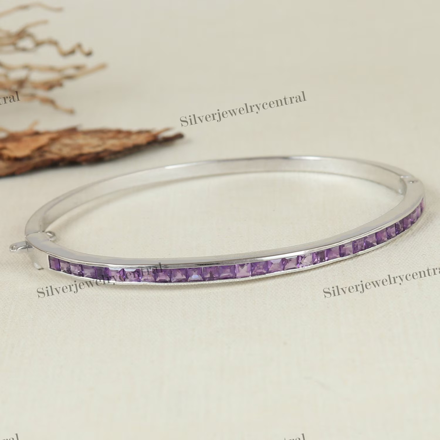 Sterling Silver Amethyst Bangle: Square Cut February Birthstone Jewelry