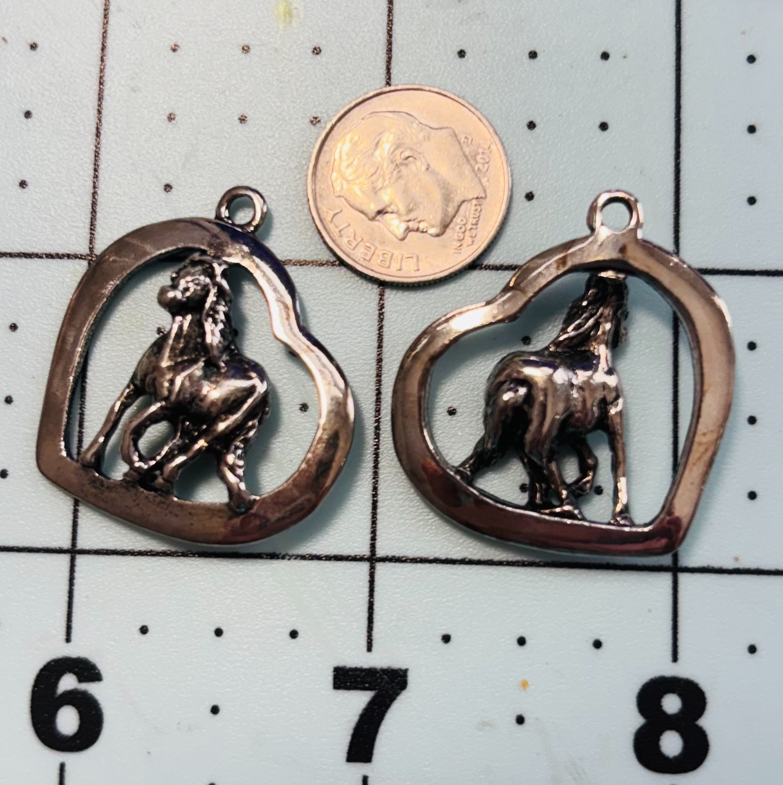 Lot Of 2 Horse inside Heart Pewter Charms Custom Made Lead Free Nickel Free, USA