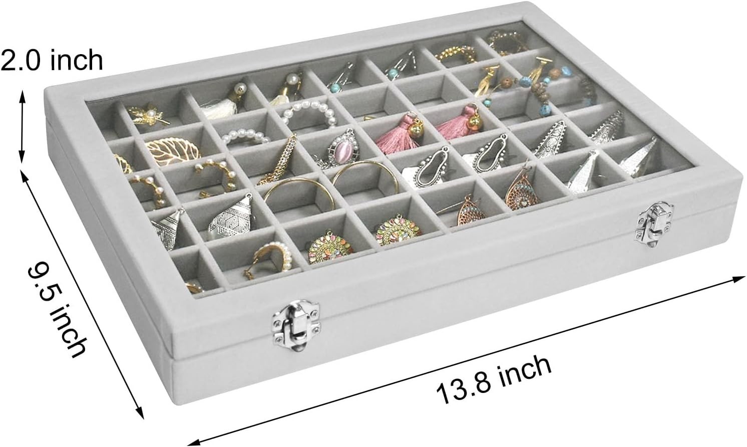 48 Grid Velvet Jewelry Tray Display Organizer Box with Transparent Lid