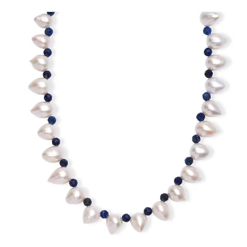 Freshwater Pearl Lapis Lazuli Necklace in Rhodium Over Sterling Silver 18 Inches