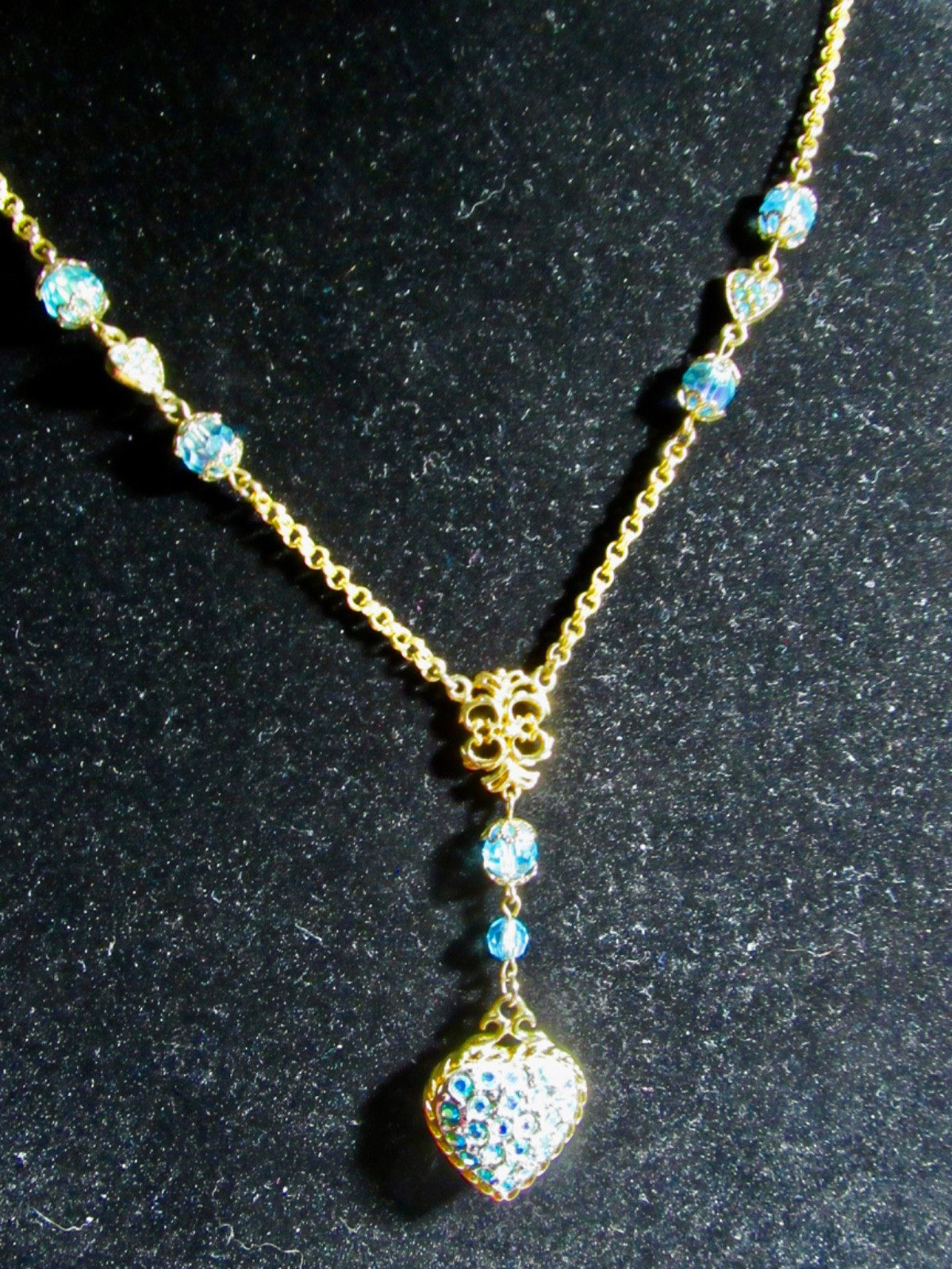 Kirk’s Folly Aqua Pave’ Heart Lariat Necklace–33-Inches Long
