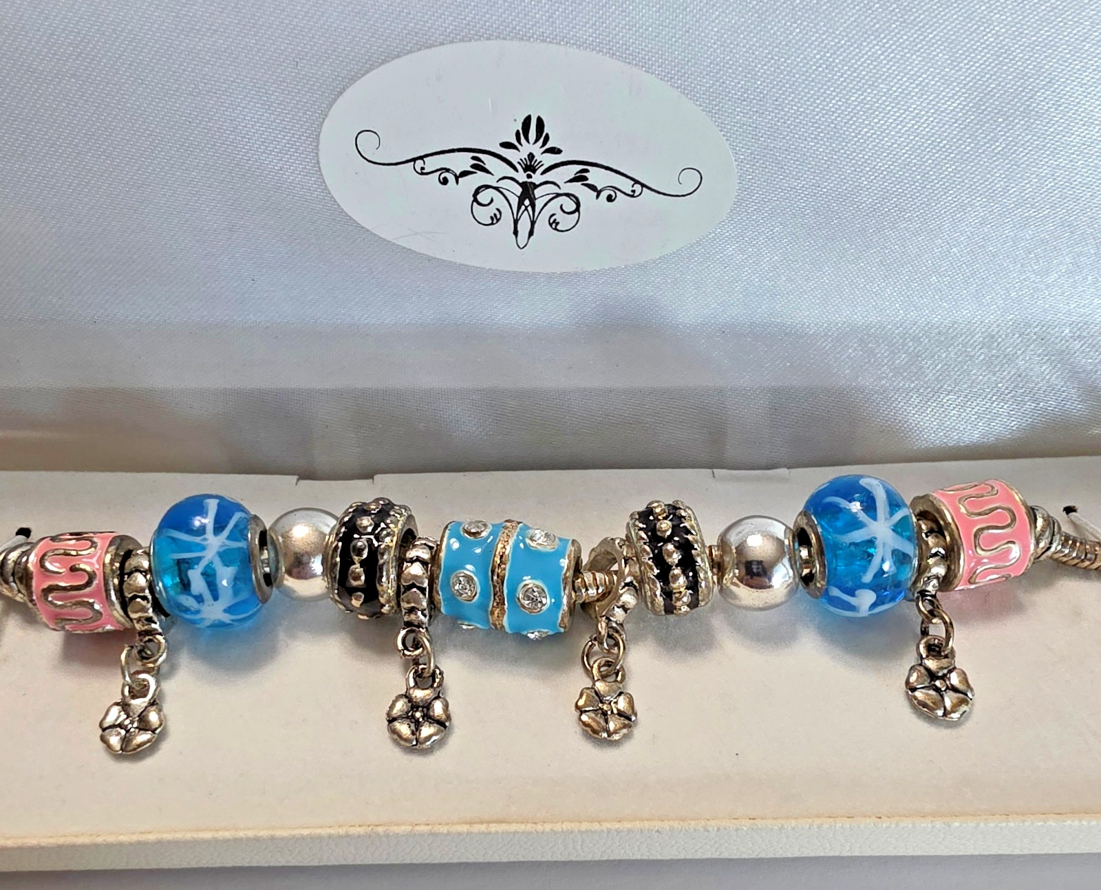 Charm Bracelet Sliver Toned with Blue Painted Glass, Pink & Silver Toned Charms