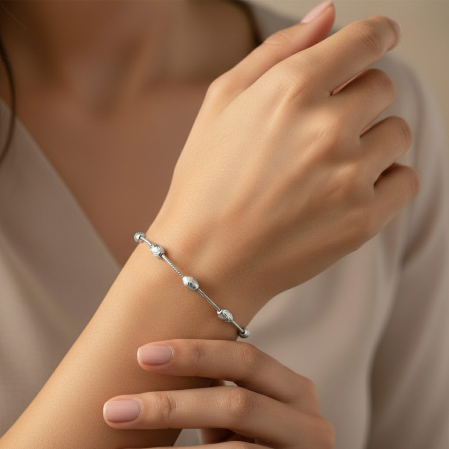 Solid 925 Sterling Silver Diamond-Cut Oval-Shaped Beaded Italian Bracelet 7″ 7.5