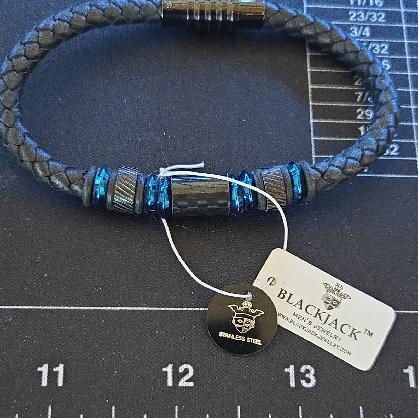Blackjack Braided Leather Bracelet Stainless Steel Magnetic Clasp Plus Carbon Ri