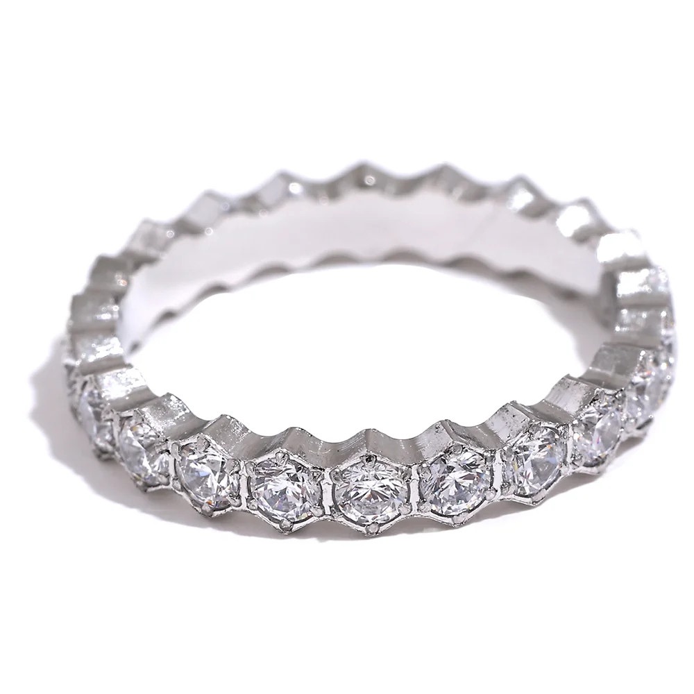 Stainless Steel CZ Ring Women Thin Geometric Tension Mount Classic Jewelry