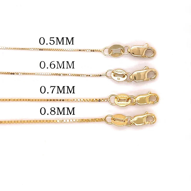 14K Solid Yellow Gold Box Chain Necklace 0.4MM-0.7MM Spring or Lobster