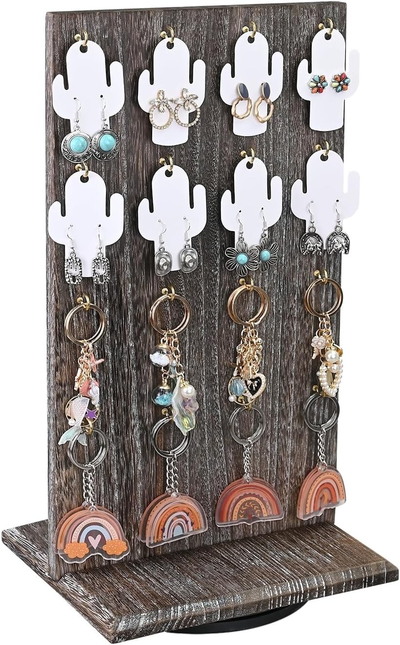 Elegant Wood Rotating Two-Sided Jewelry Display with 32 Hooks in Coffee Finish