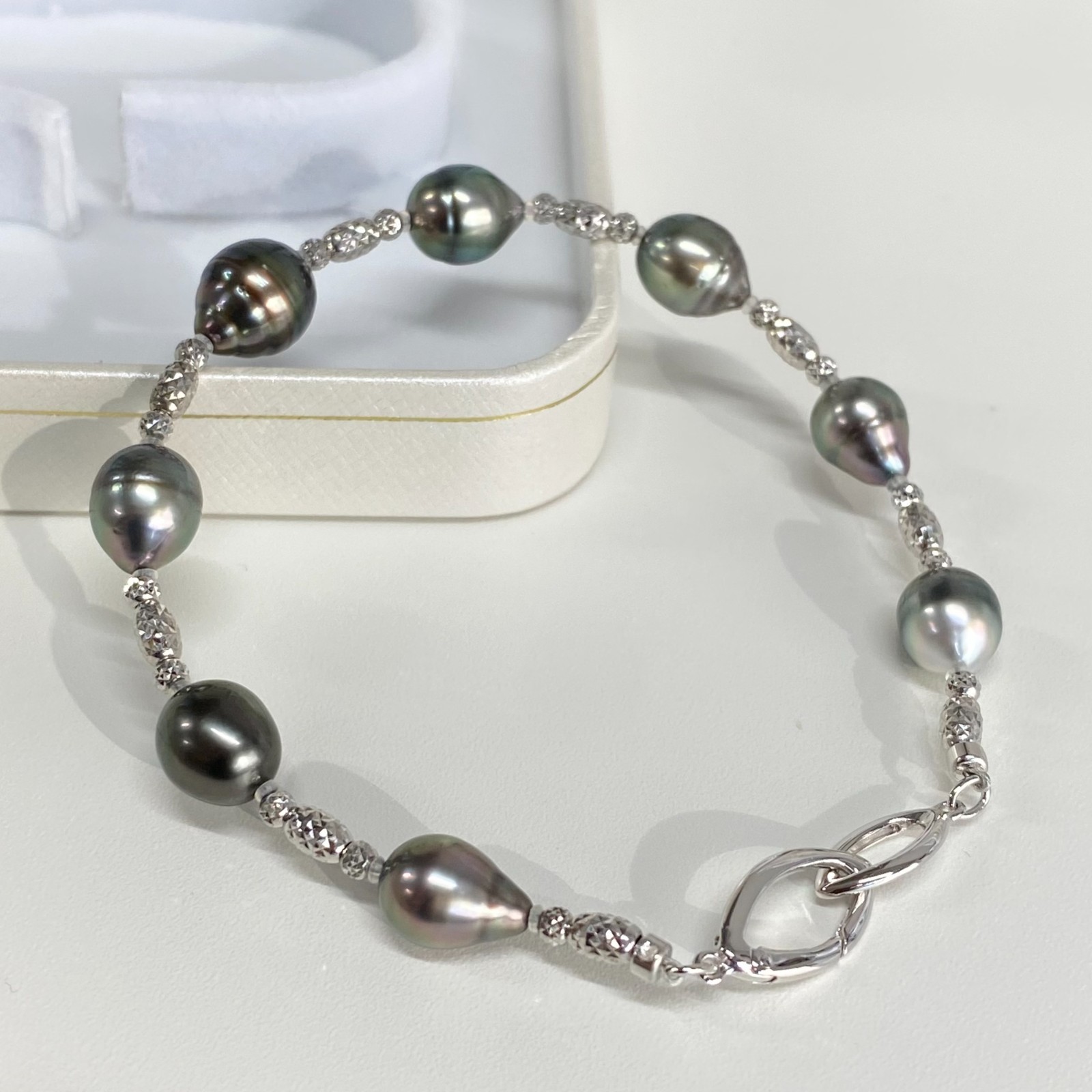 7-9mm Black Green Baroque Tahitian cultured pearl Bracelet sterling sliver,7.6″