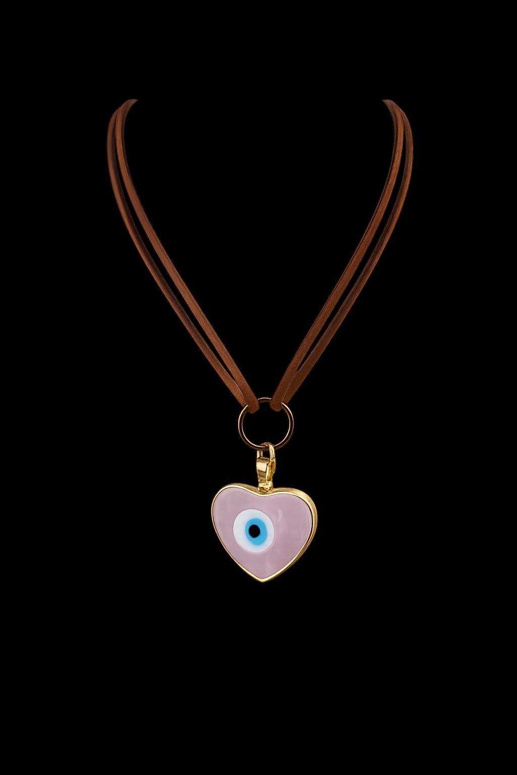 Heart Evil Eye Pendant Charm Necklace with Brown, Pink, Blue, Gold Cord Colors