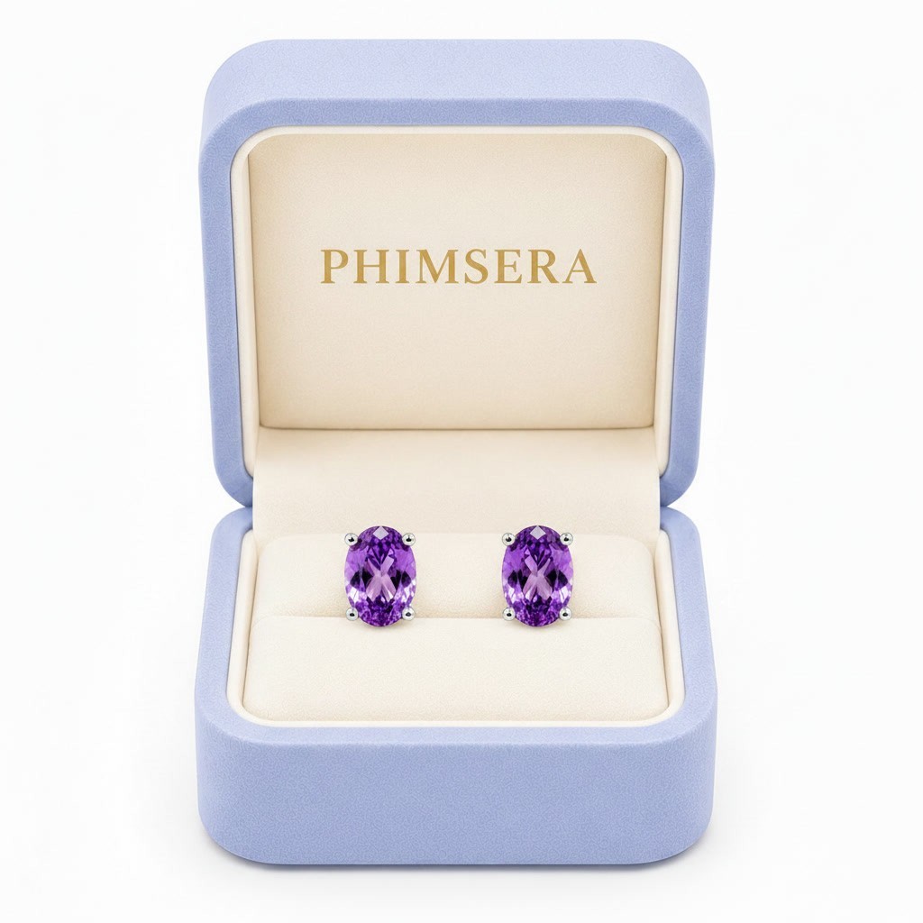 Natural 4x6mm Oval Amethyst Stud Earrings 925 Sterling Silver Platinum Plated