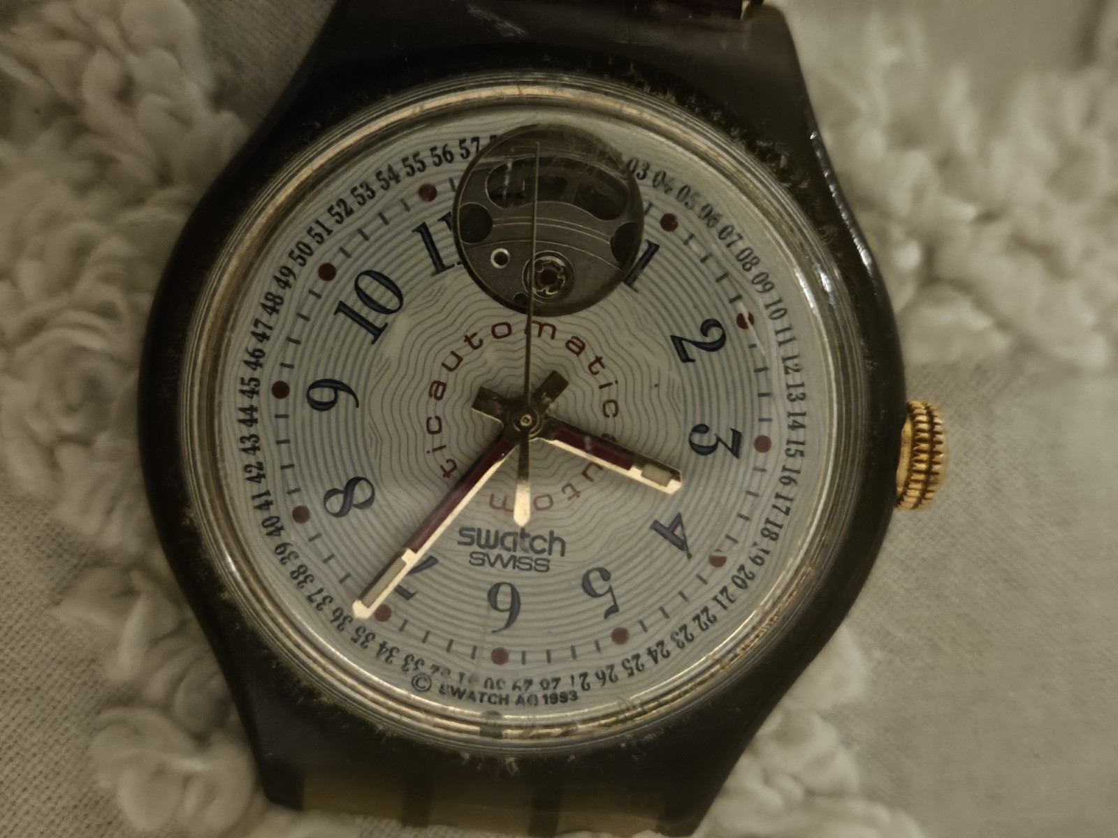 Swatch SAM103 Classic Cheddar 1993 Automatic Watch Original Band Torn As Is Runs