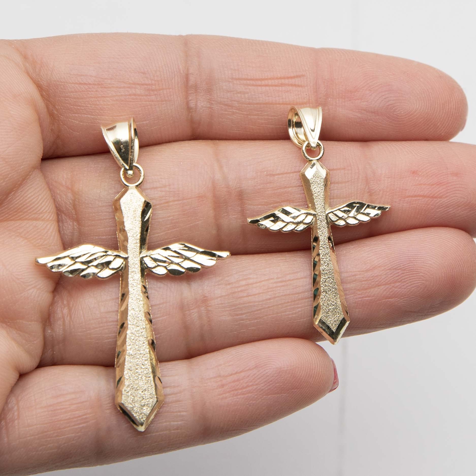 Diamond-Cut Angel Wings Cross Pendant Solid Real 10K Yellow Gold All Sizes