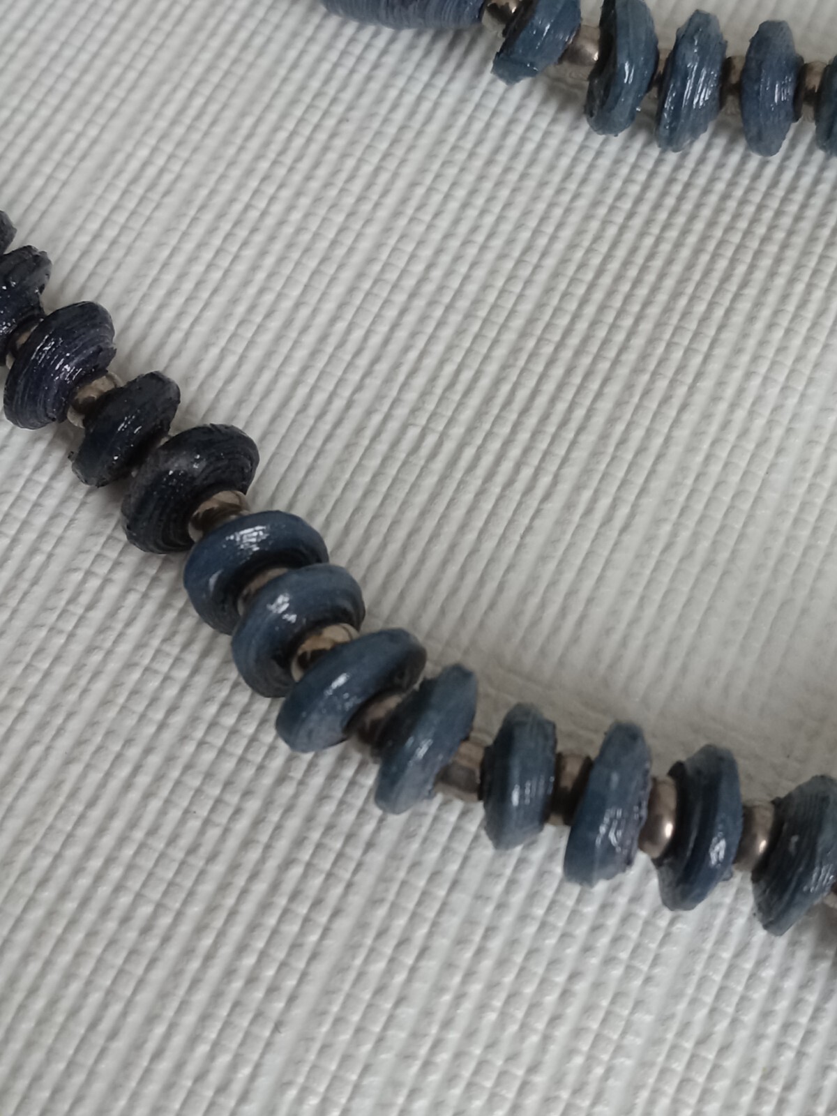 Shades of Blue Lightweight Ribbed Paper Beads Long Length Single Strand Necklace