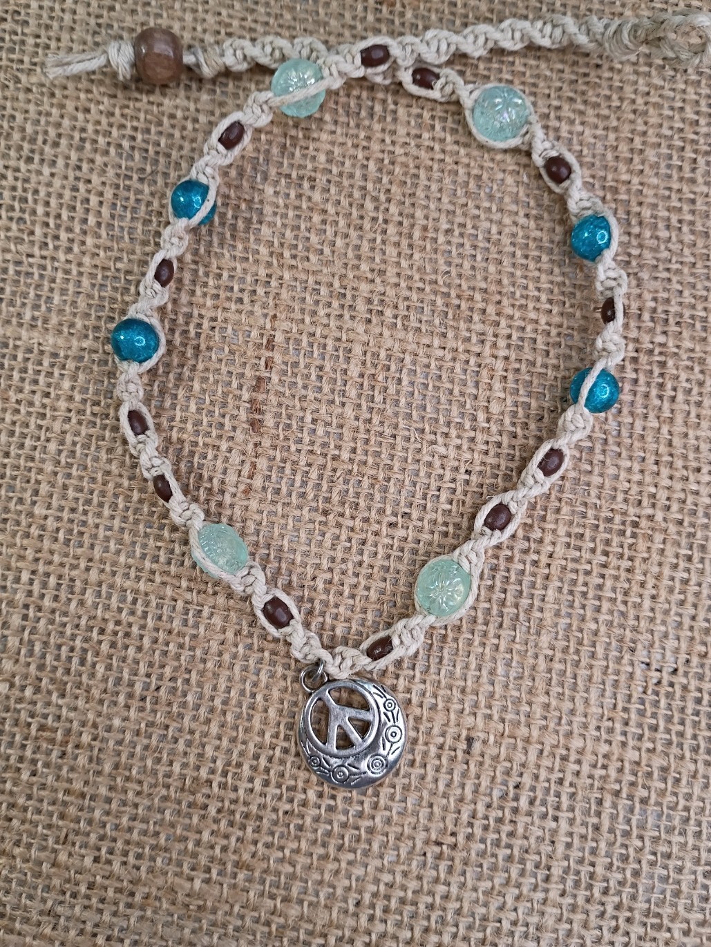 New Natural Hemp Necklace W/ Peace Sign Charm & Mixed Beads 16 in Twist Macrame