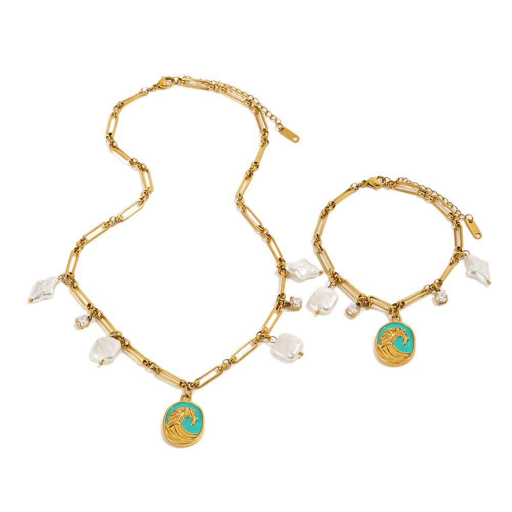 18K Gold Plated French style Wave Enamel Imitation Pearl Bracelet Necklace Set