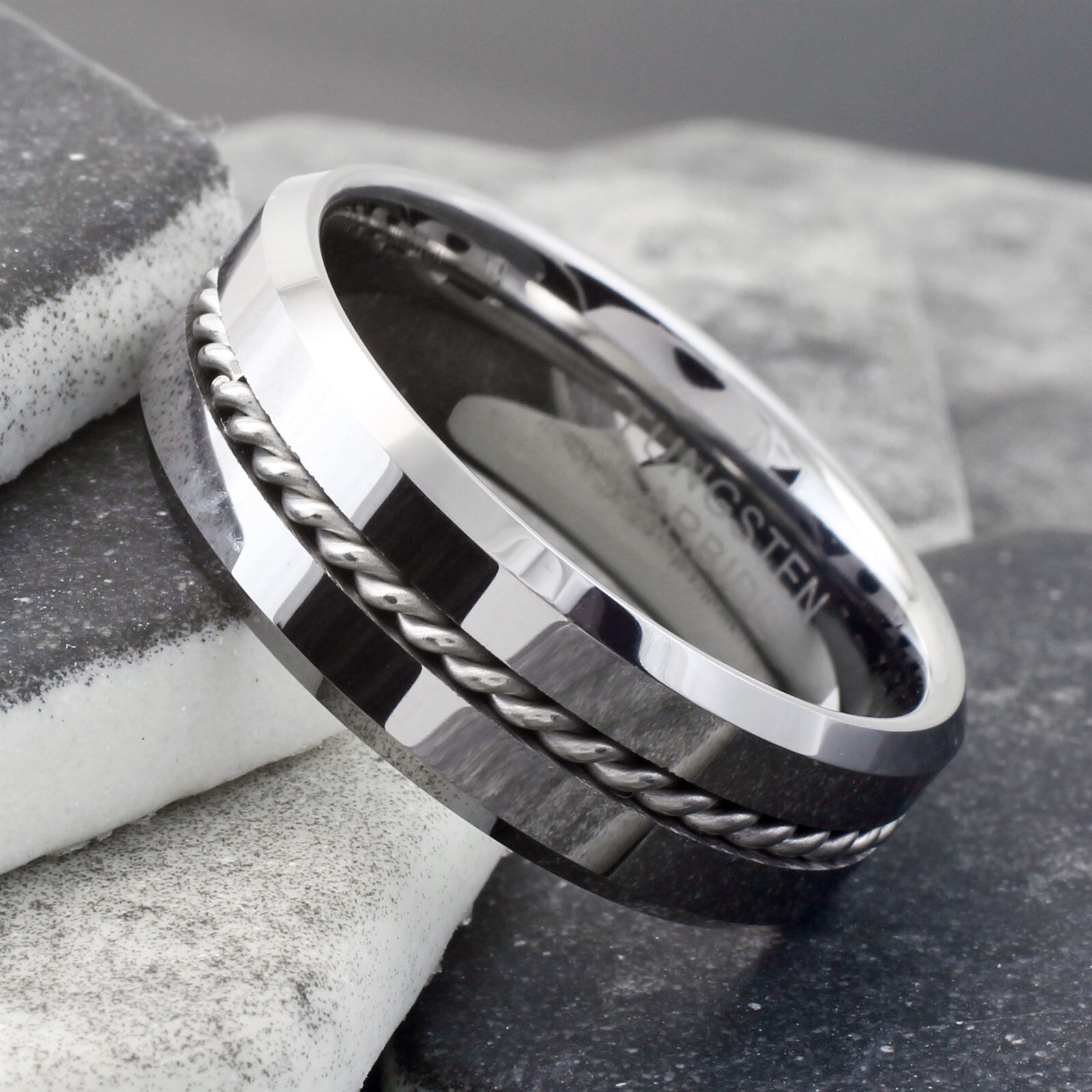 Tungsten Carbide Men’s Ring Silver Polished Steel Wire Rope Stripe Wedding Band