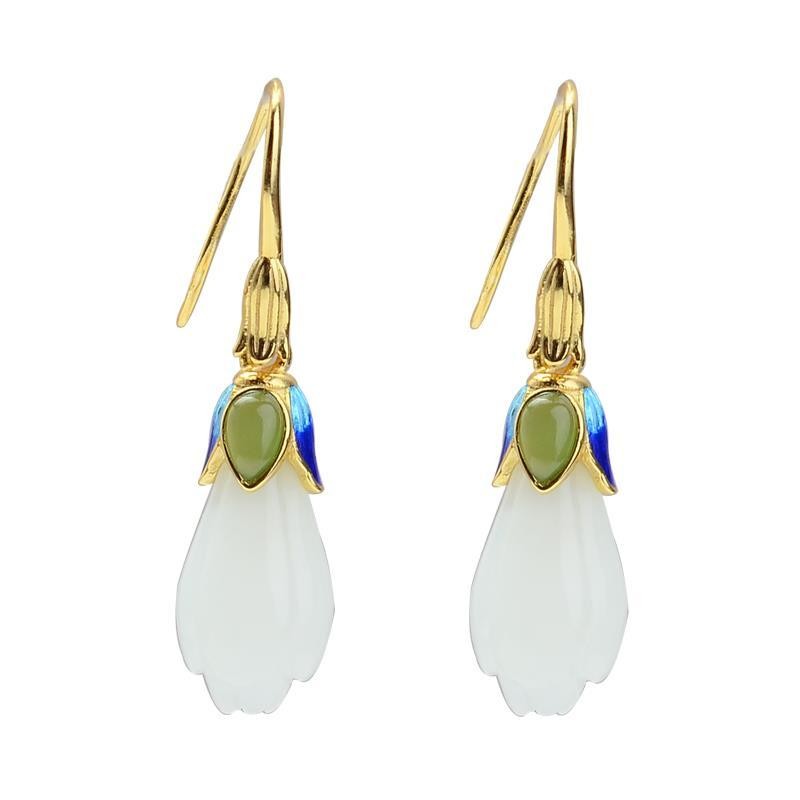 Jade Magnolia Earrings Enamel Drop Dangle Hook Chinese Style for Women