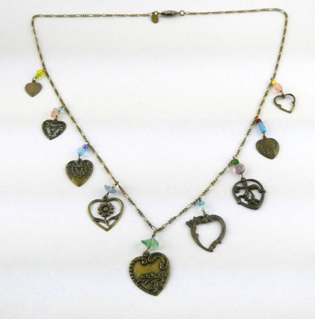 Vintage Glass Works Studio Glass and Brass Charms Multi Color Necklace 20g 26 In