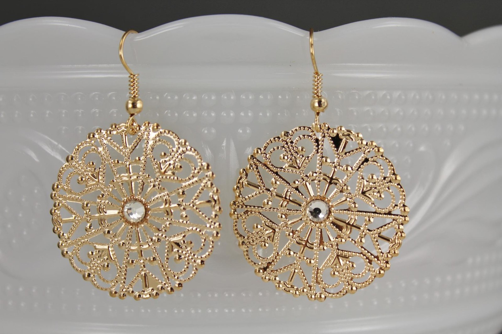 gold tone filigree scroll medallion disc dangle earrings 1 7/8 inches long