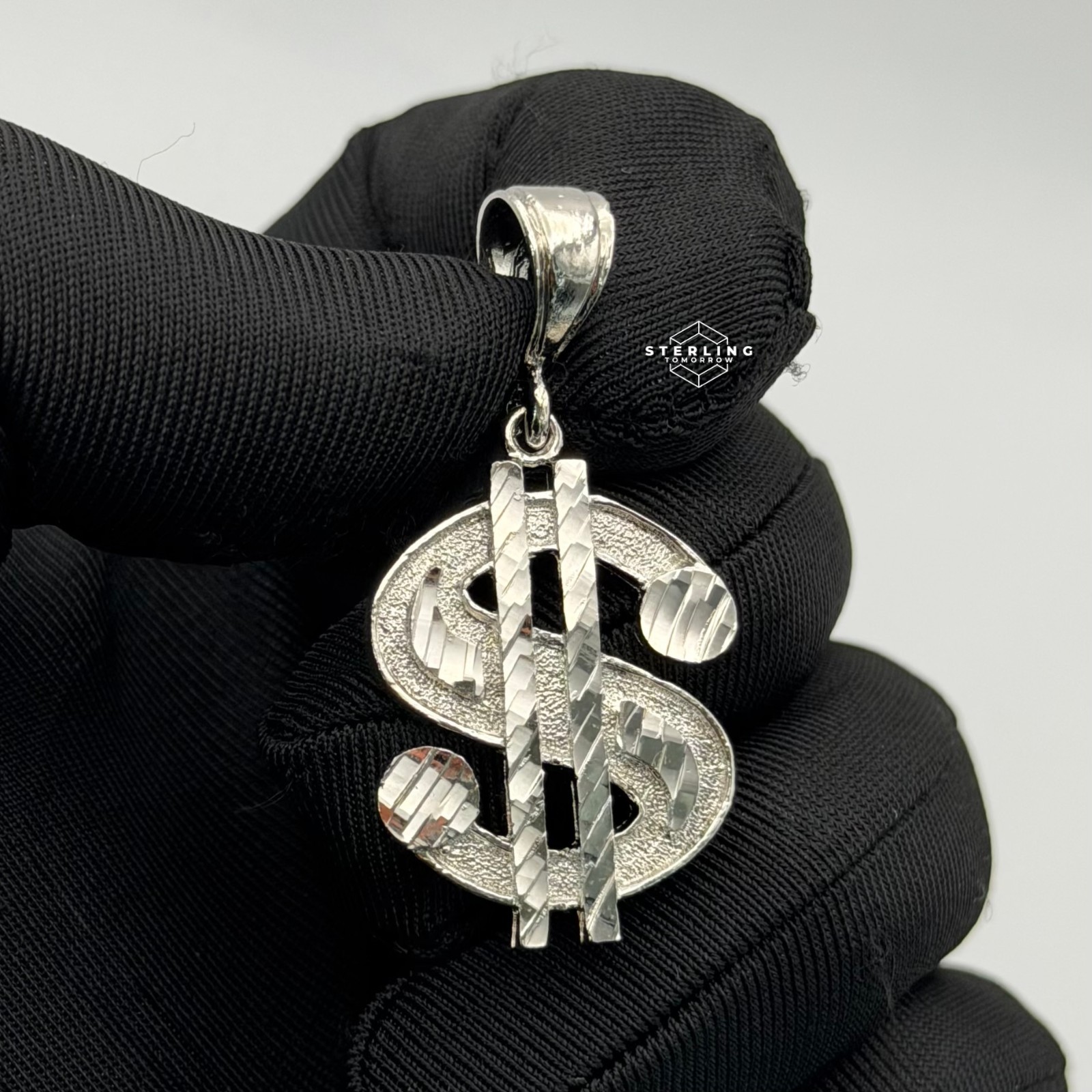 Solid 925 Sterling Silver Detailed Dollar Money Pendant + Steel Rope Chain