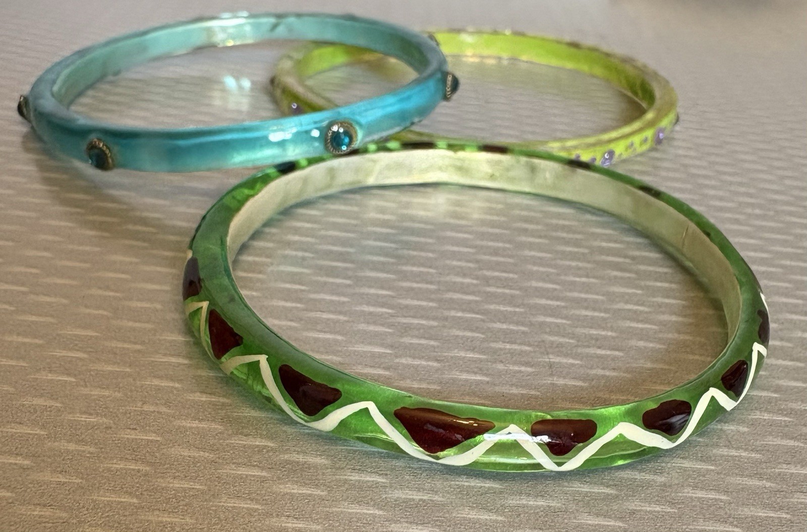 Vintage Clear Acrylic Resin Rhinestone Jewel Bangles Lot 3 Lime Green Turquoise