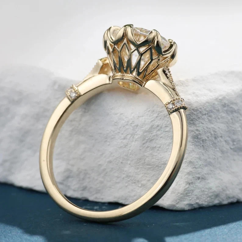 Art Deco Vintage Style Round Cut Lab Created Diamond Engagement Ring 14K Gold FN
