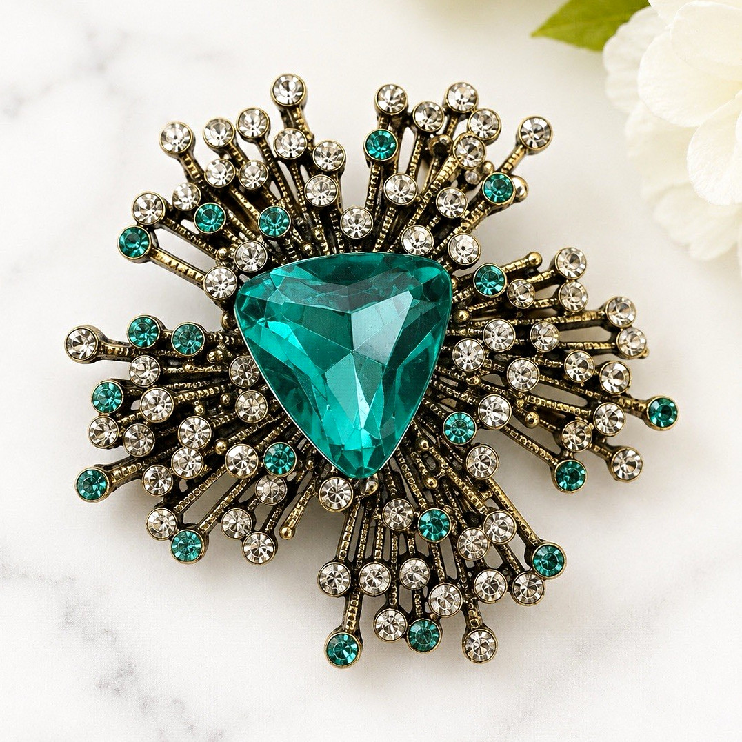 Large Vintage Teal Rhinestone Brooch Art Deco Starburst Statement Pin