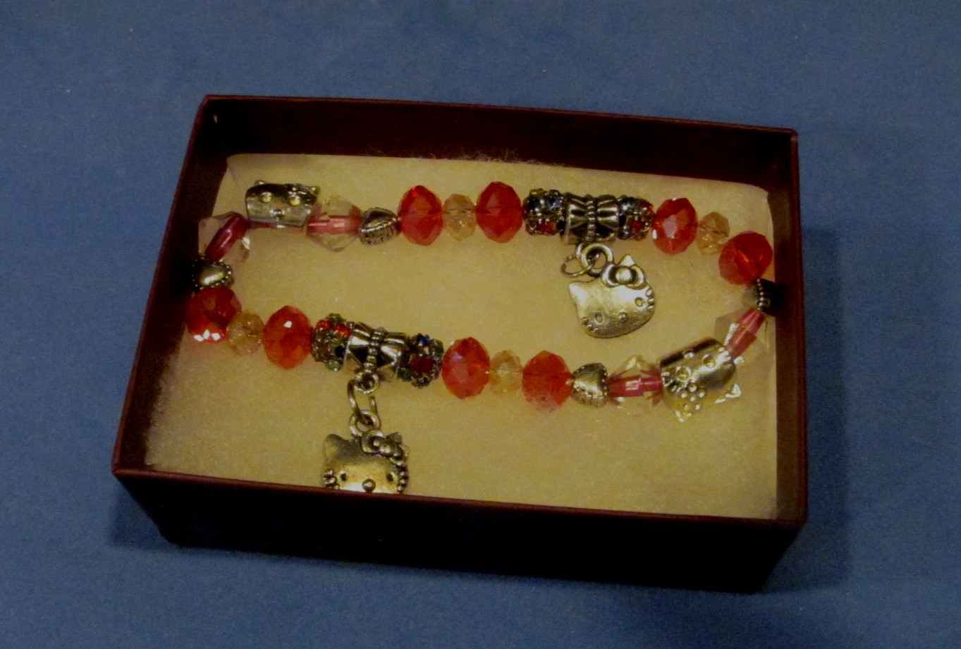 Hello Kitty Bracelet with Red & Pink Crystal, Glass Beads, Stretch Design