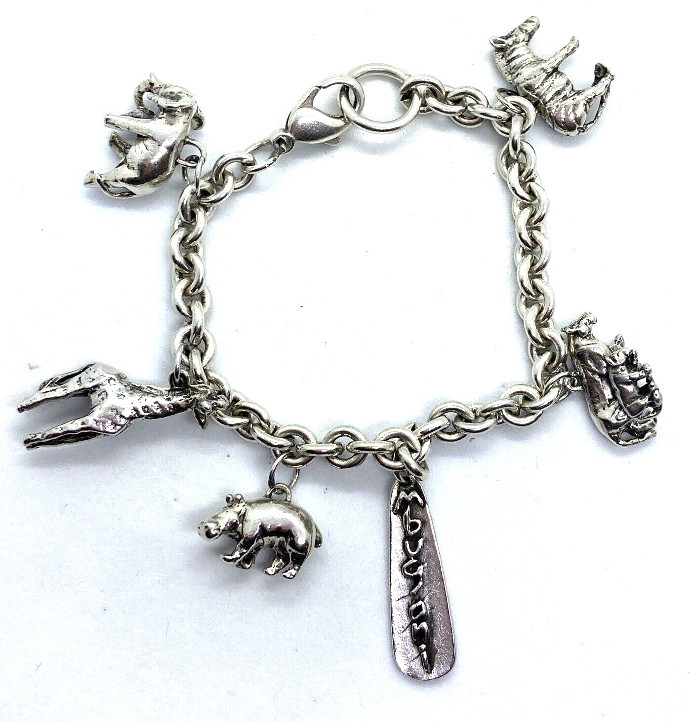 RARE SUSAN CUMMINGS STERLING SILVER (5) AFRICAN ANIMALS MBUGANI CHARM BRACELET