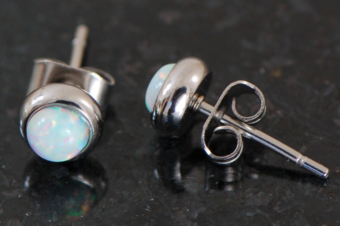 1 Pair Bezel Set 6 mm White Opal Stone 316L Surgical Steel Ear Stud Earrings