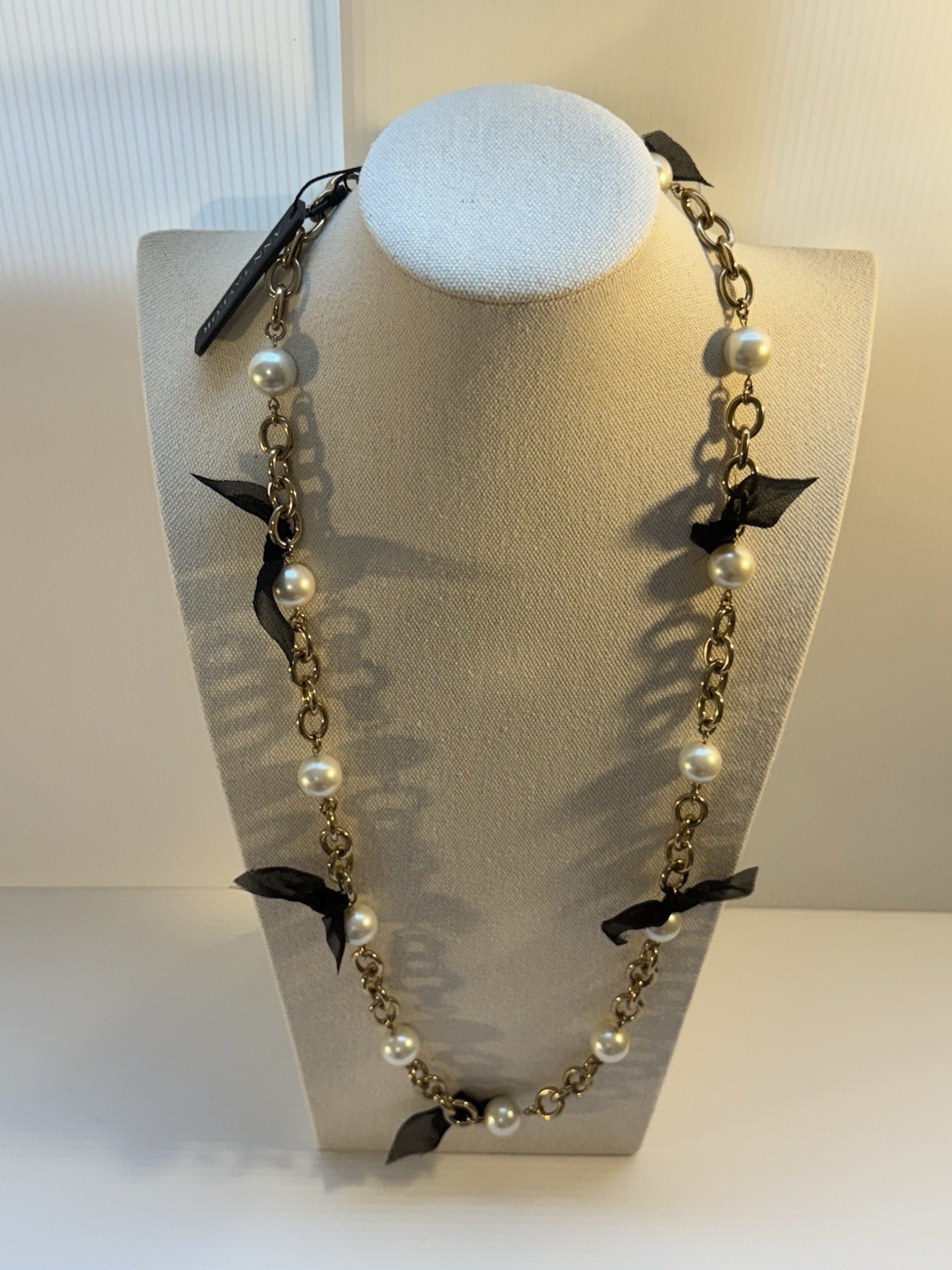 90’s Ann Taylor NWT Statement Necklace Chain Pearl Ribbon Heavy Chunky 33.5” L