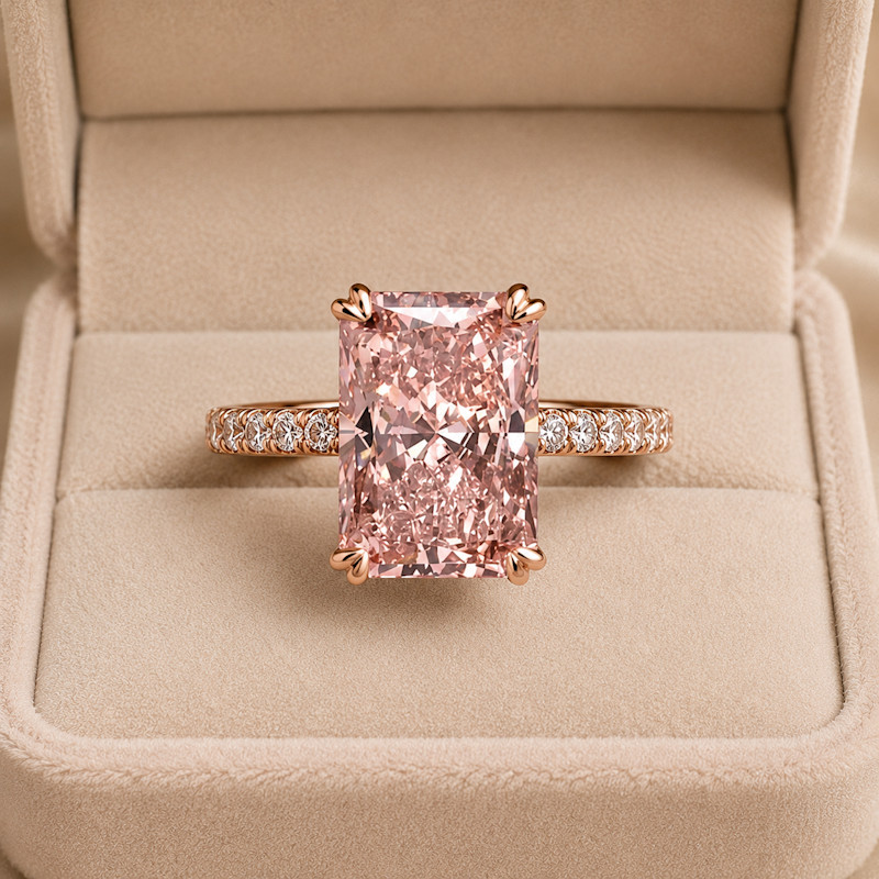 Diamond Ring 14k Rose Gold 5.35 Ct Radiant Cut Fancy Vivid Pink IGI Lab Grown