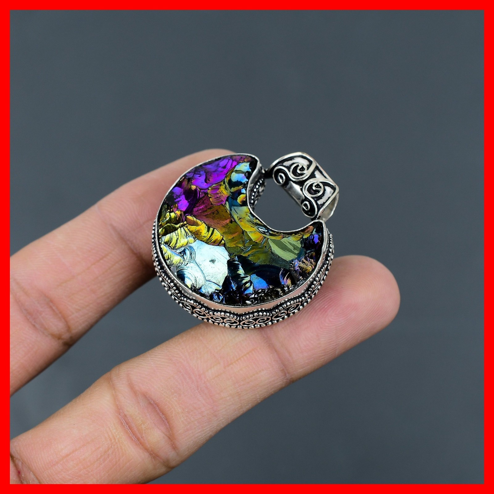925 Sterling Silver Titanium Druzy Stone Crescent Moon Vintage Birthday Pendant